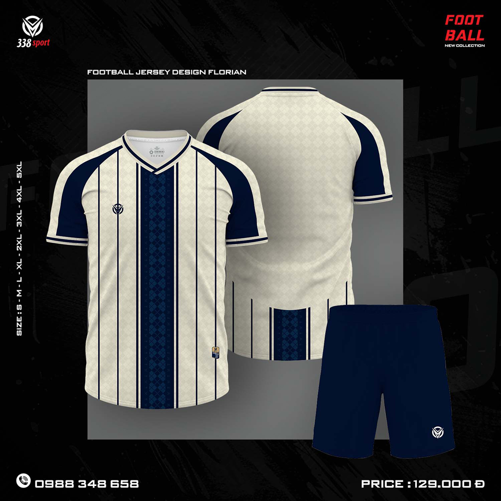 Áo bóng đá thiết kế Florian tông trắng kem phối xanh navy của 338 Sport