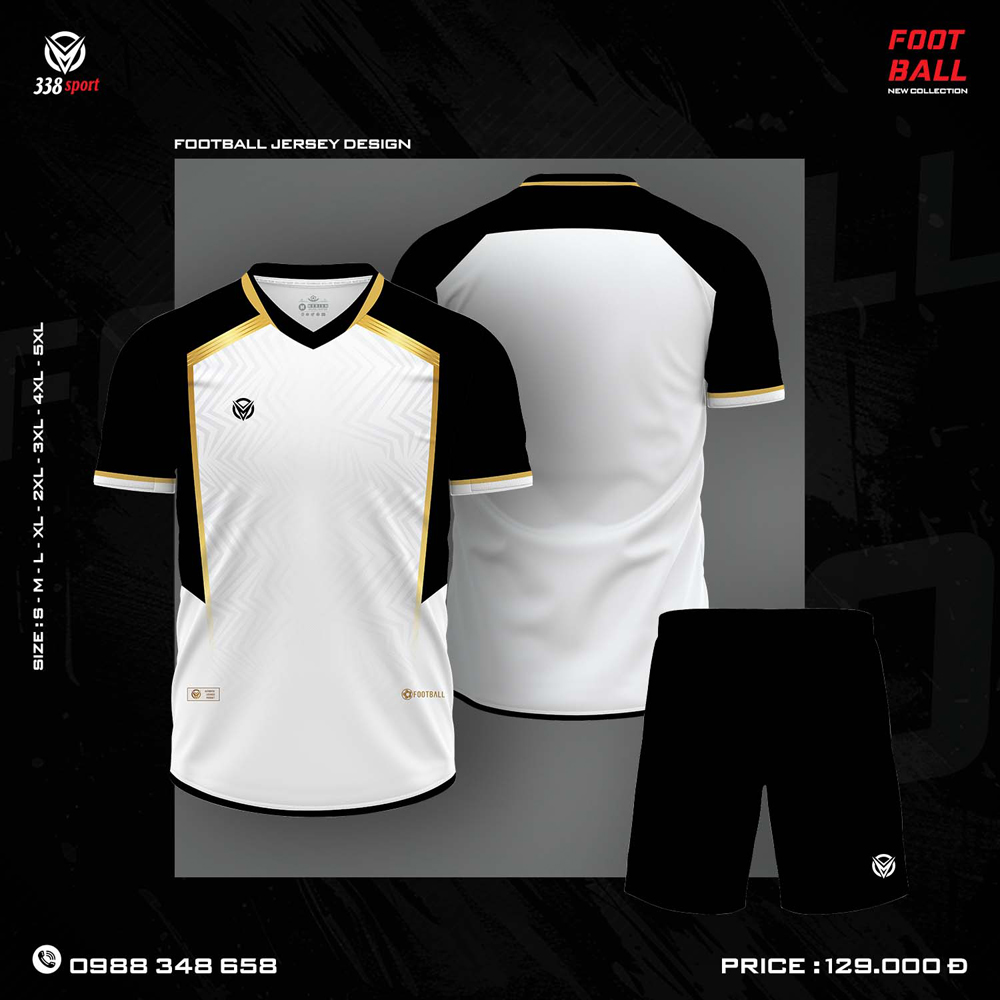 Áo bóng đá thiết kế trắng phối đen viền vàng đồng cao cấp từ 338 Sport