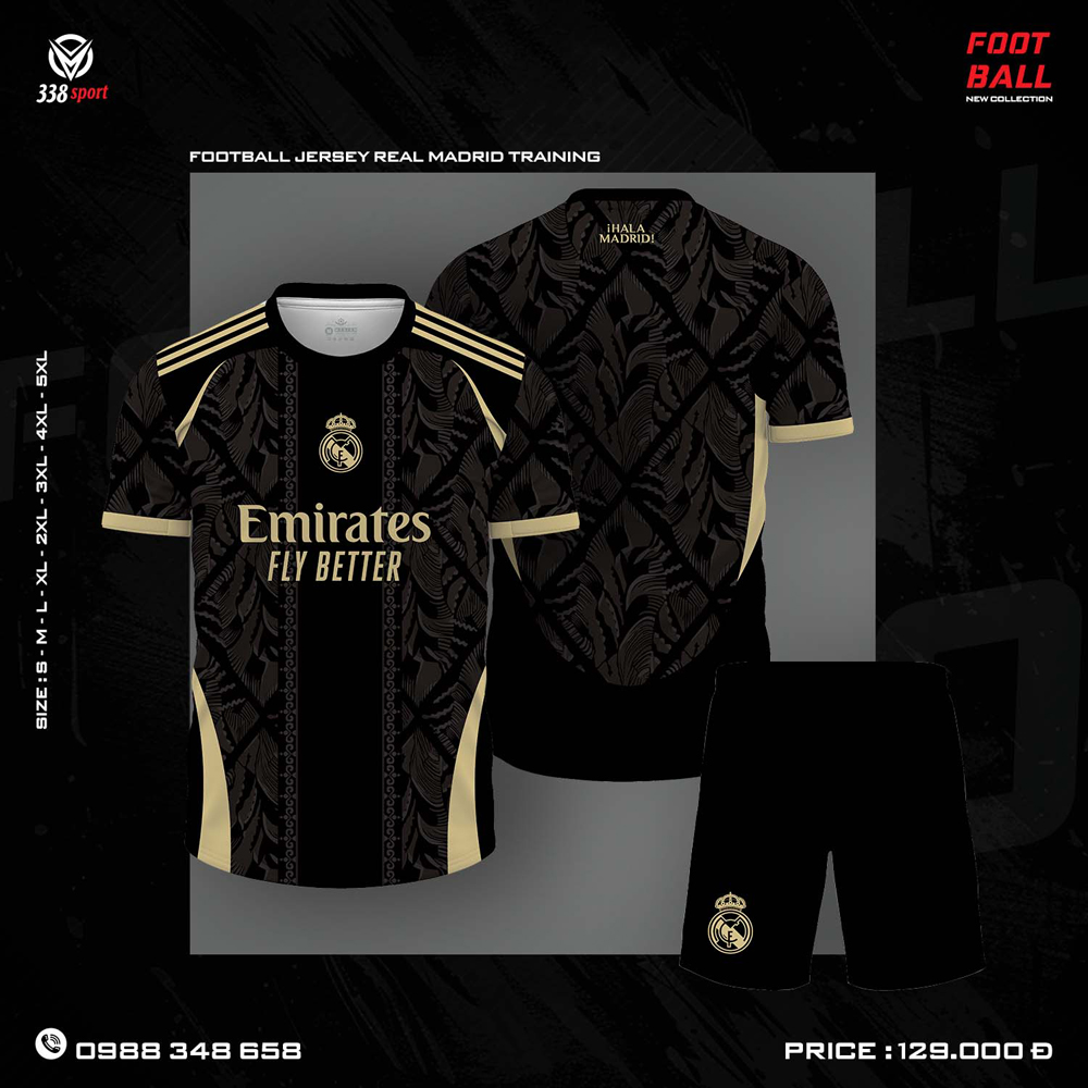 Áo bóng đá Real Madrid Training màu đen phối vàng ánh kim