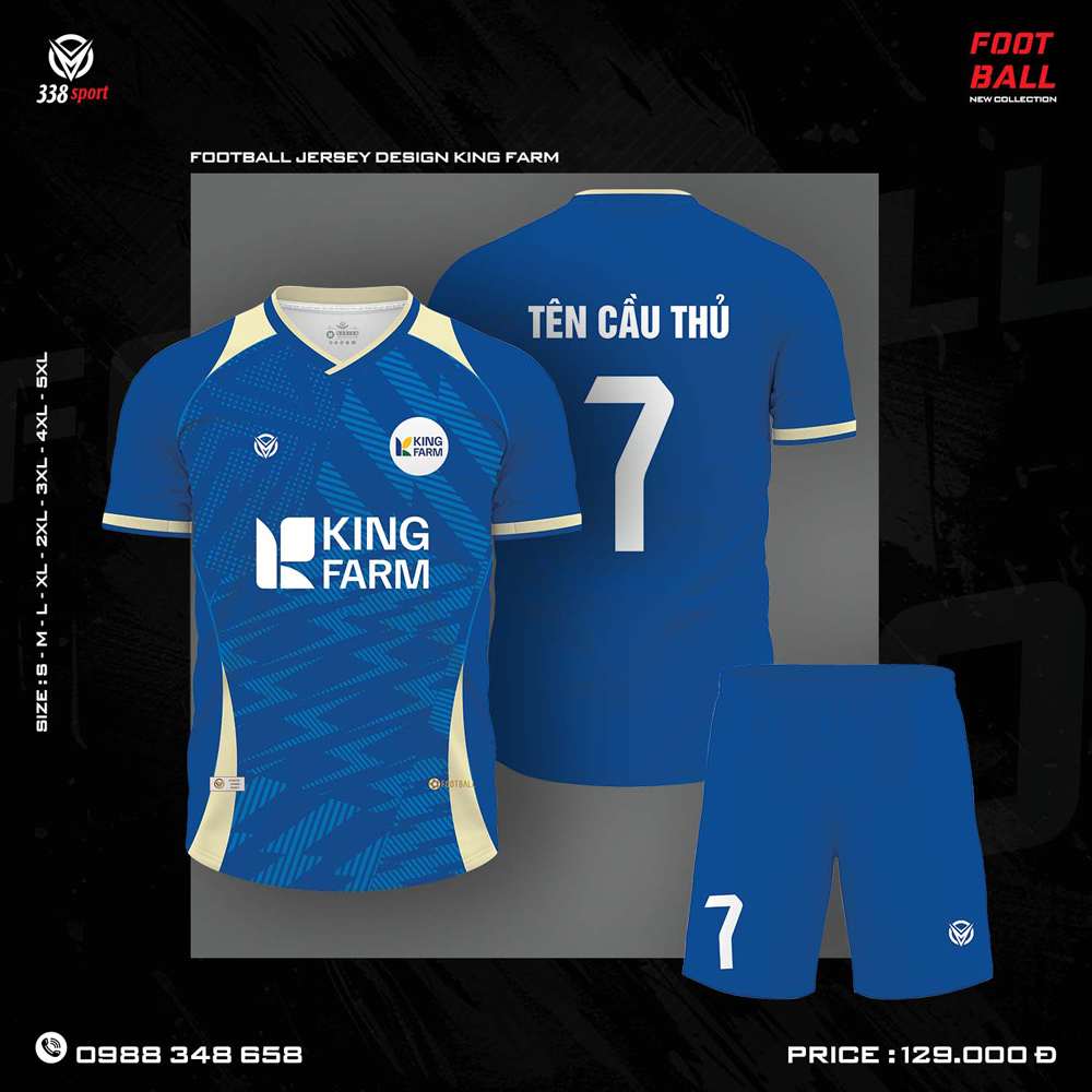 Áo đấu bóng đá King Farm xanh dương dành cho doanh nghiệp - thiết kế hiện đại, chất liệu cao cấp