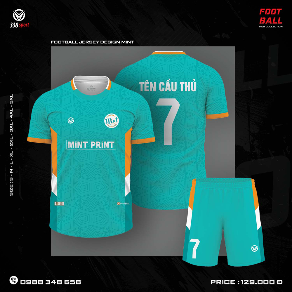 Bộ quần áo bóng đá màu xanh mint phối cam neon – thiết kế theo yêu cầu